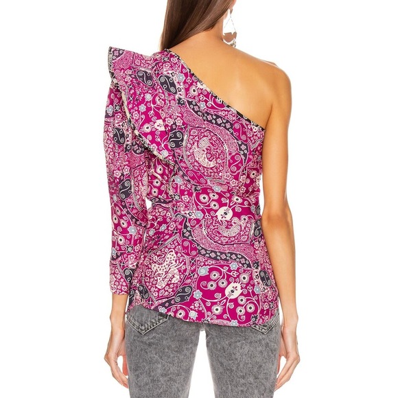 ISABEL MARANT ETOILE Carina Top Womens 40 Pink Printed One Shoulder Blouse - Picture 2 of 16